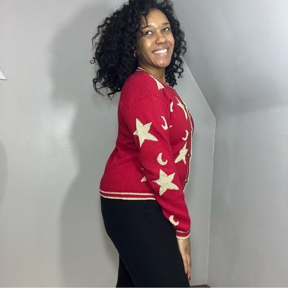 Vintage Americana Red Stars Sweater Patriotic Knit Cardigan Glitter Festive July - Picture 4 of 14
